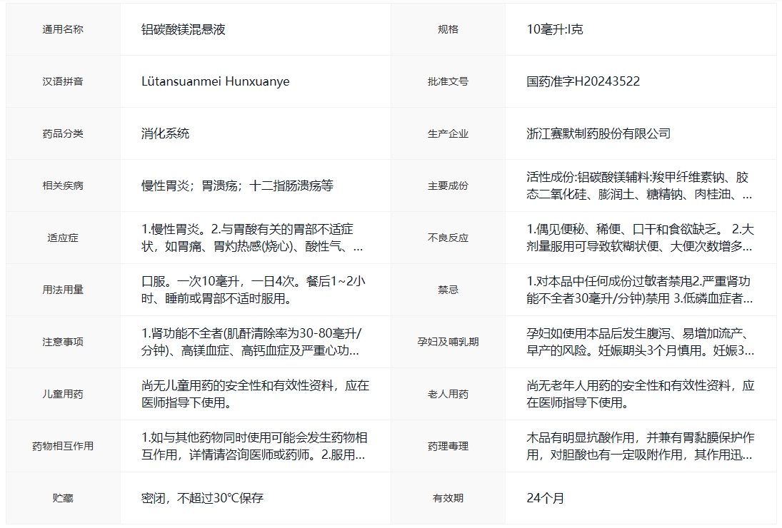 产品信息——铝碳酸镁混悬液